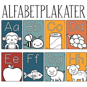 Alfabetplakater rust og blå med hvit